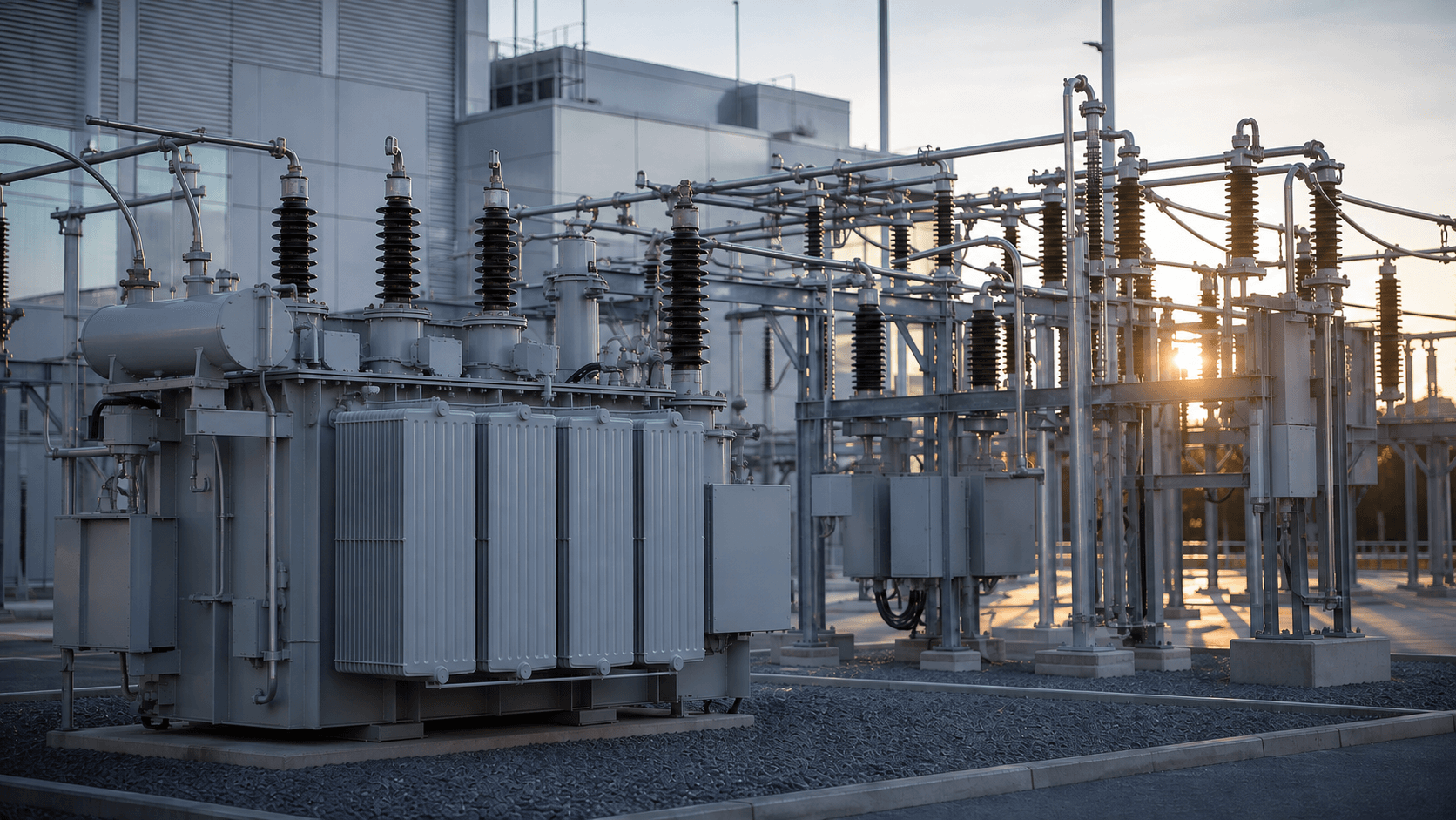 Conceptual editorial image of unbranded electrical infrastructure, not a photograph of Realta's proposed plant