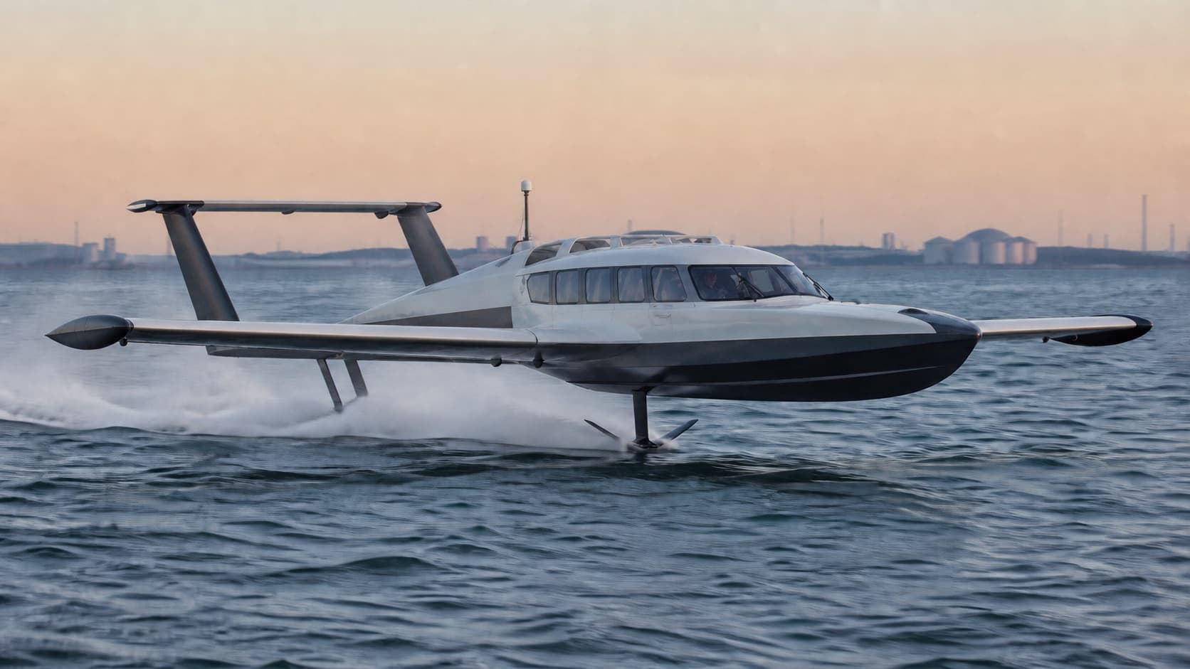 A photorealistic electric seaglider traveling just above dark ocean water at dawn