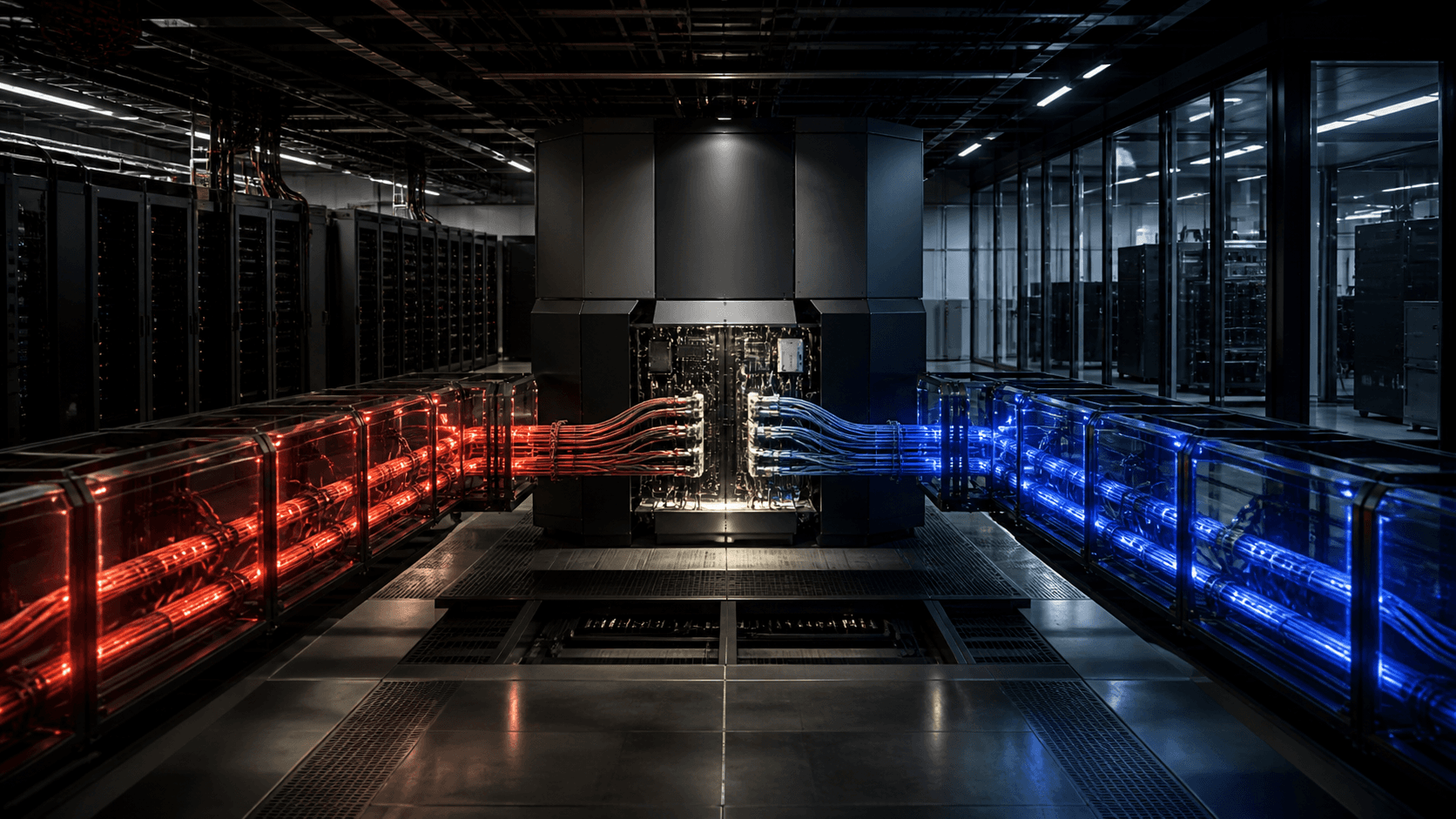 A photorealistic secure computing facility with separate red and blue hardware pathways meeting at a central system