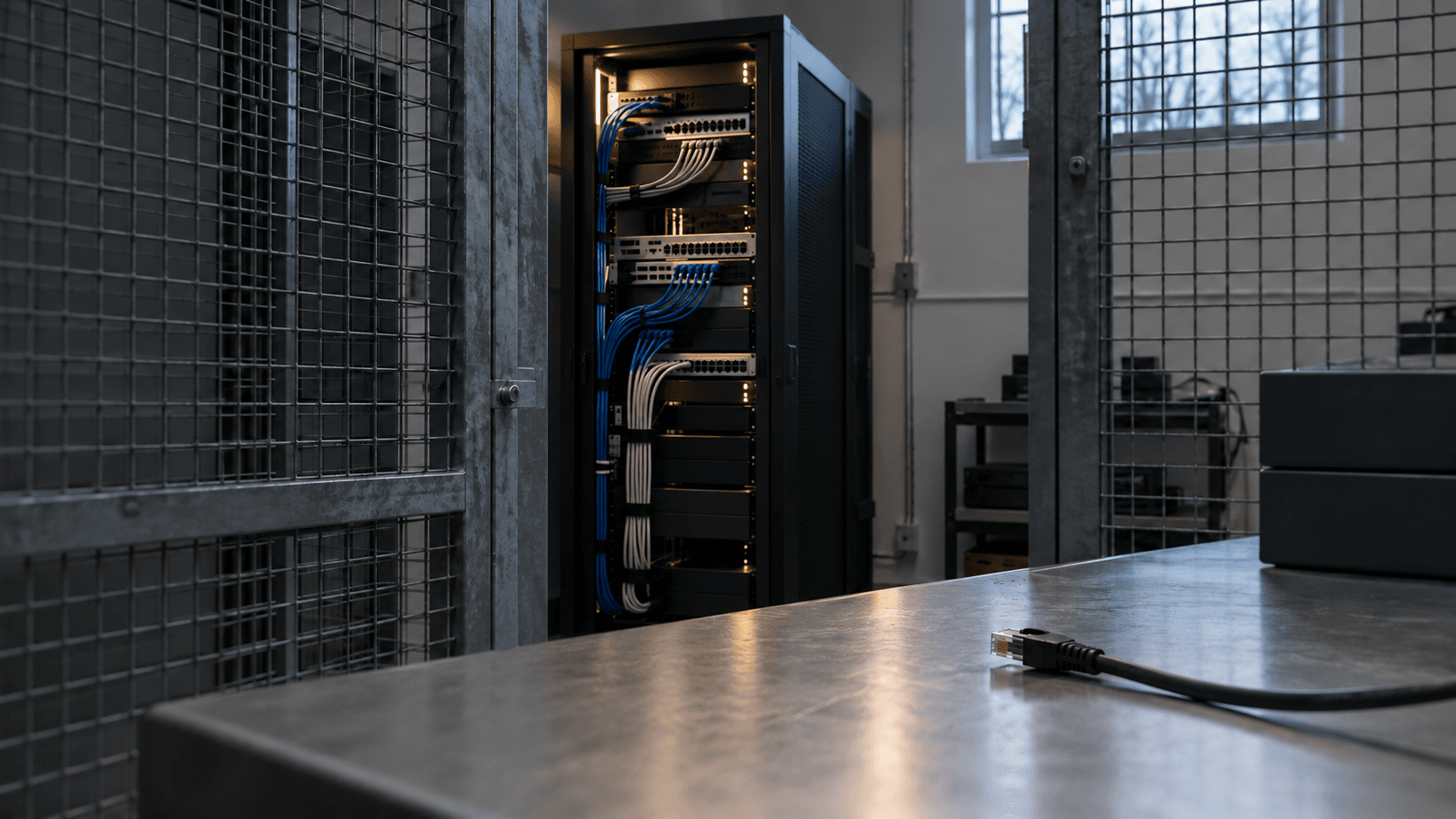 Conceptual server room with mesh partitions and a disconnected cable, not the DIVD facility or a reconstruction of the breach.