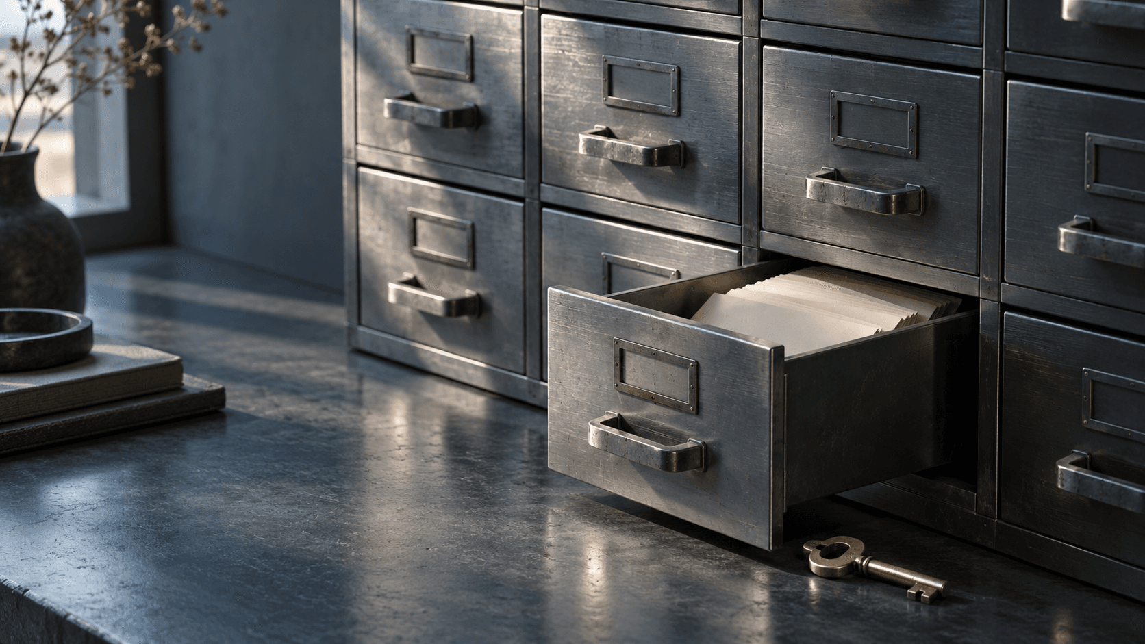 Conceptual still life of metal document drawers with one open drawer and a key, not a depiction of an Apple product or security incident.