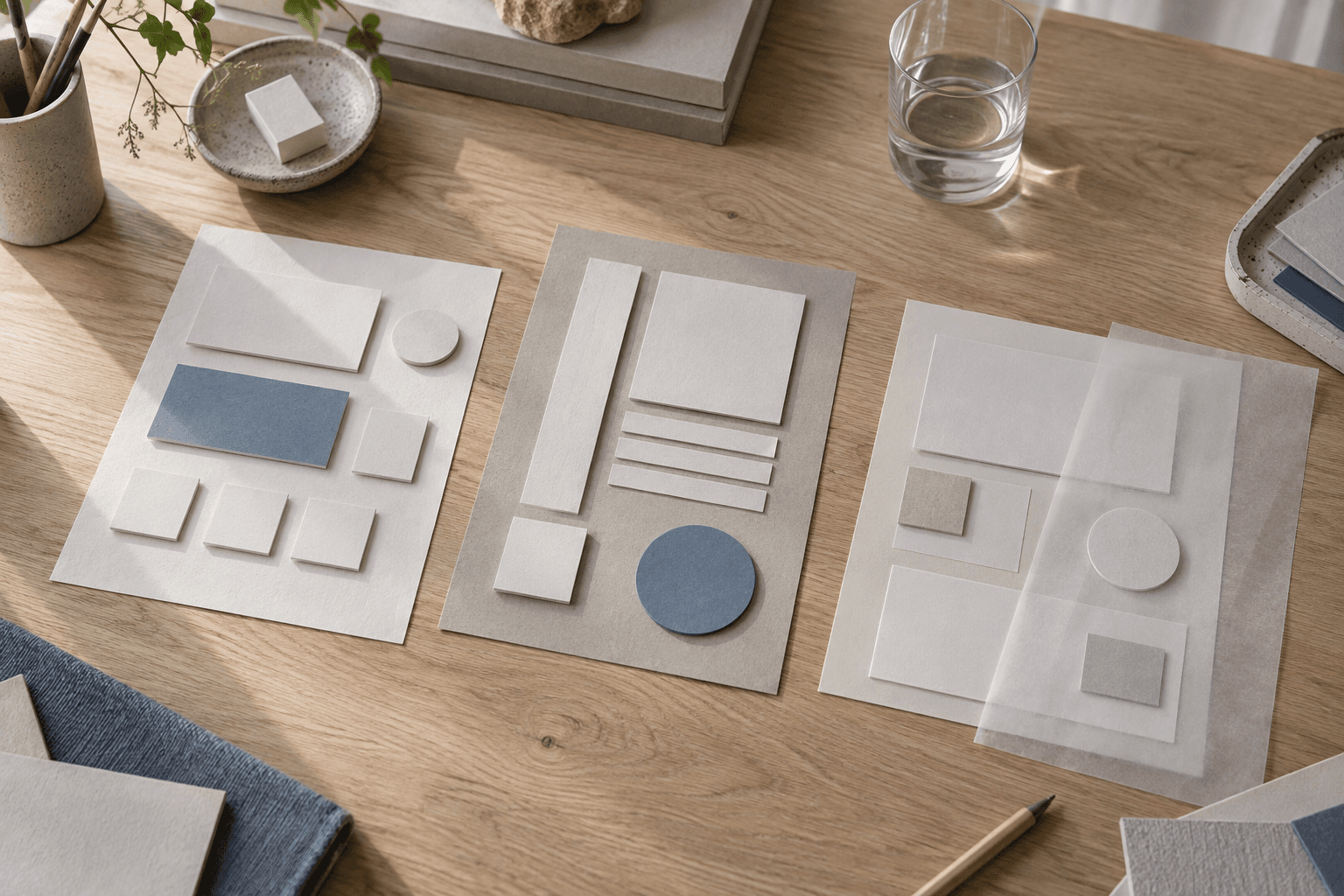 Conceptual photograph of three blank paper interface mockups on a studio table. A fictional illustration, not Figma software, offices or customer work.