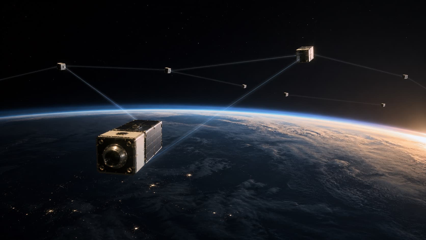 A photorealistic satellite constellation above Earth connected by subtle beams of light