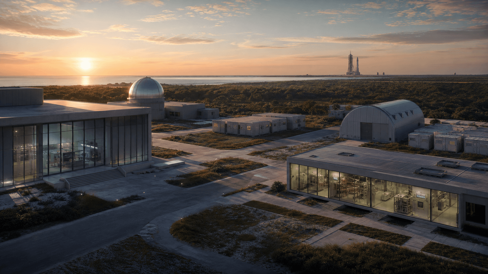 A photorealistic conceptual space education campus on the Florida coast at sunrise