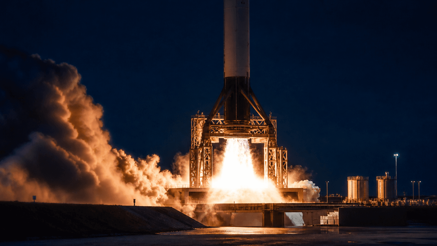 A conceptual unbranded heavy rocket booster performing a nighttime static-fire test