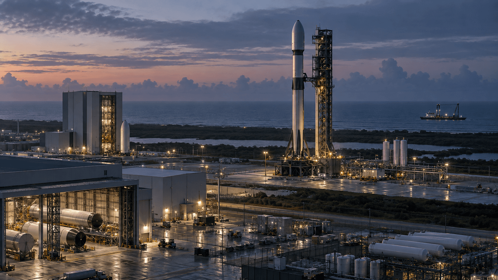 Conceptual editorial photograph of an unbranded reusable rocket and parallel manufacturing infrastructure at a coastal launch complex, not a real vehicle or facility