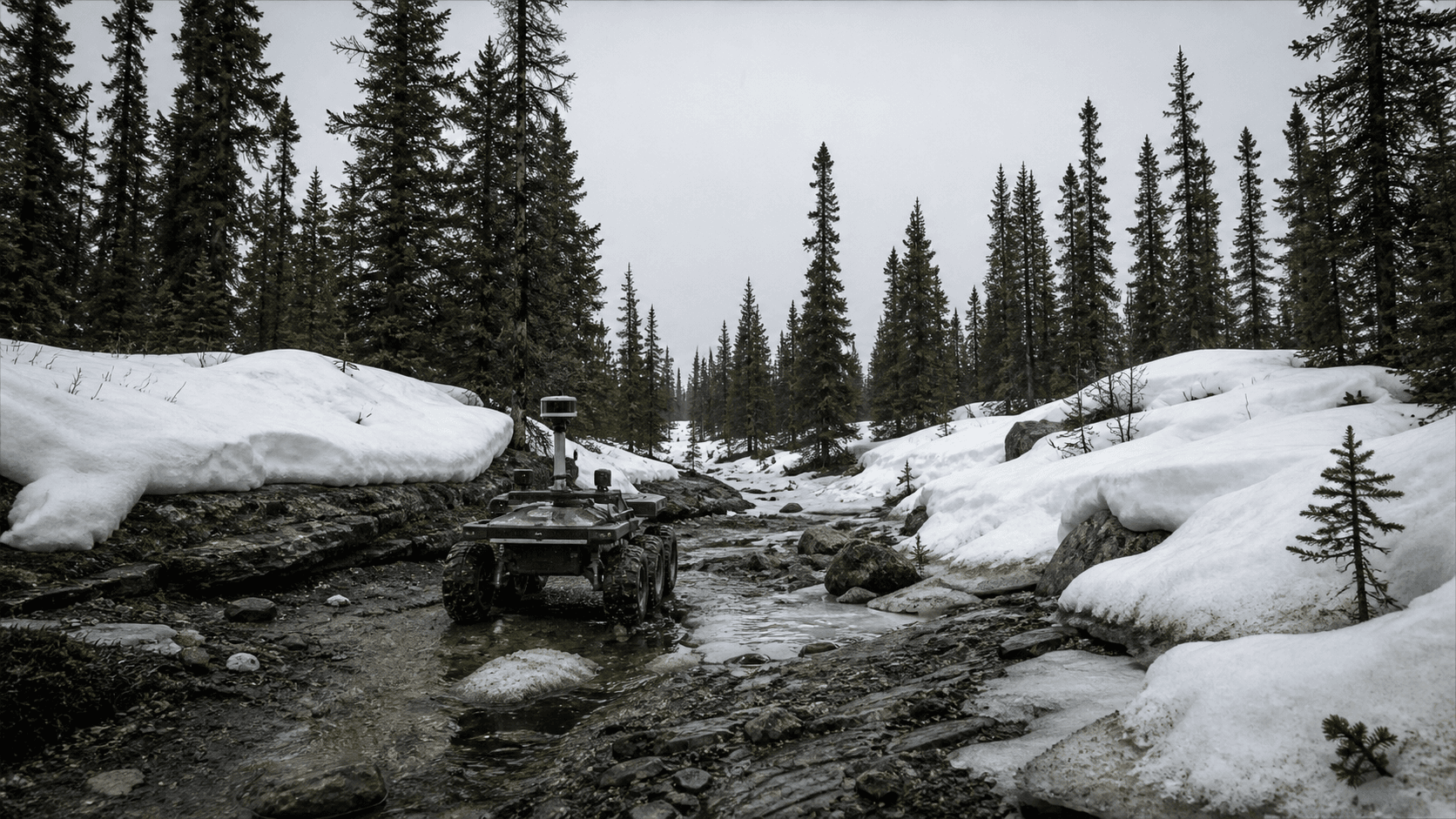 An unbranded autonomous research rover crossing thawing snow in a dense northern forest