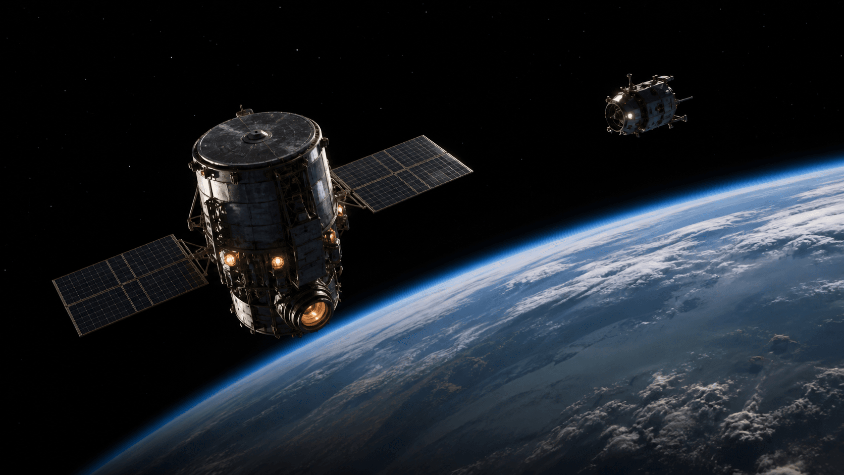A photorealistic aging space observatory operating above Earth while a servicing craft remains at a distance