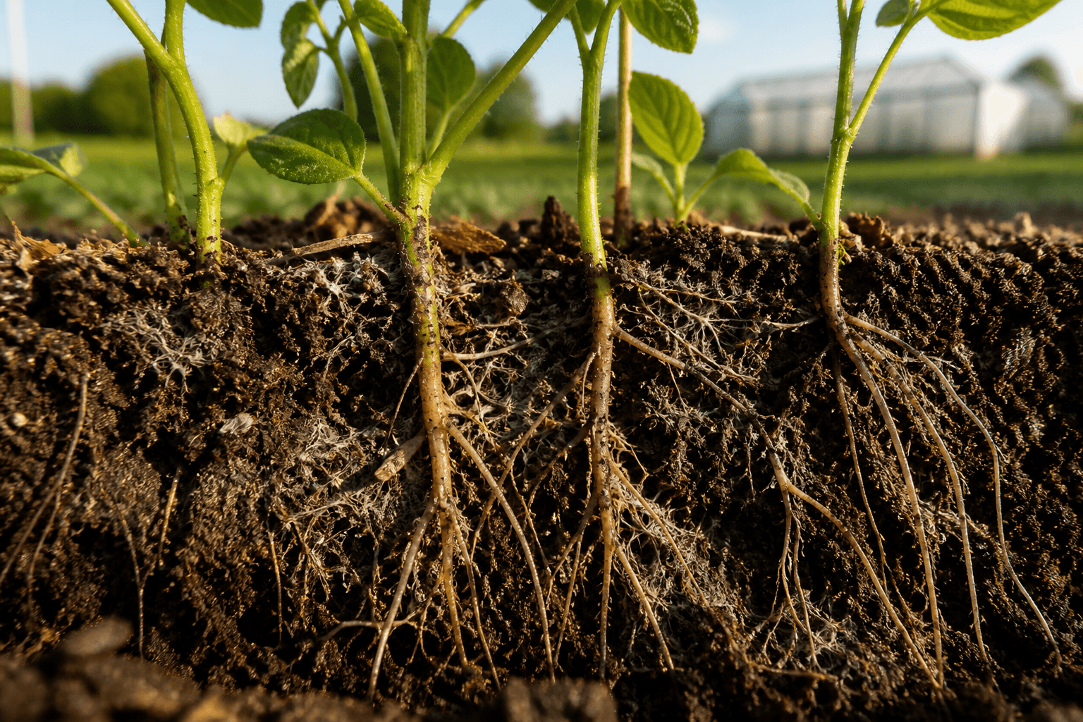 Healthy crop roots growing through dark soil near an agricultural research greenhouse