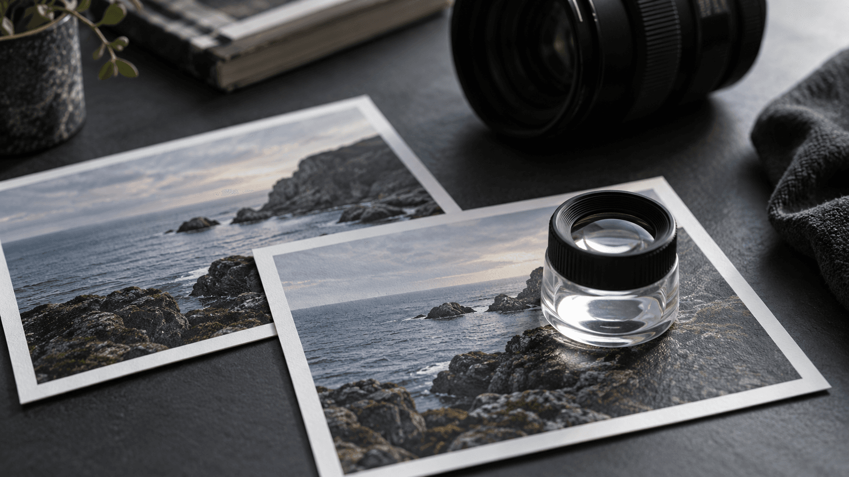 Conceptual studio still life of coastline prints and an optical loupe, not a real watermark test. Digital watermarks are not visible through magnification.