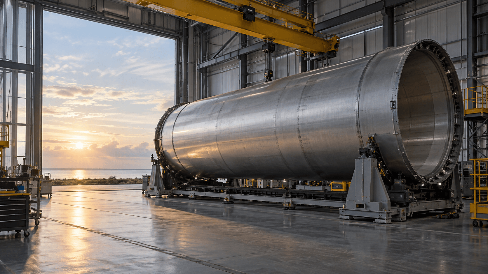 Conceptual editorial photograph of a generic rocket tank section in a fictional coastal integration hangar, not Relativity hardware or a NASA facility.