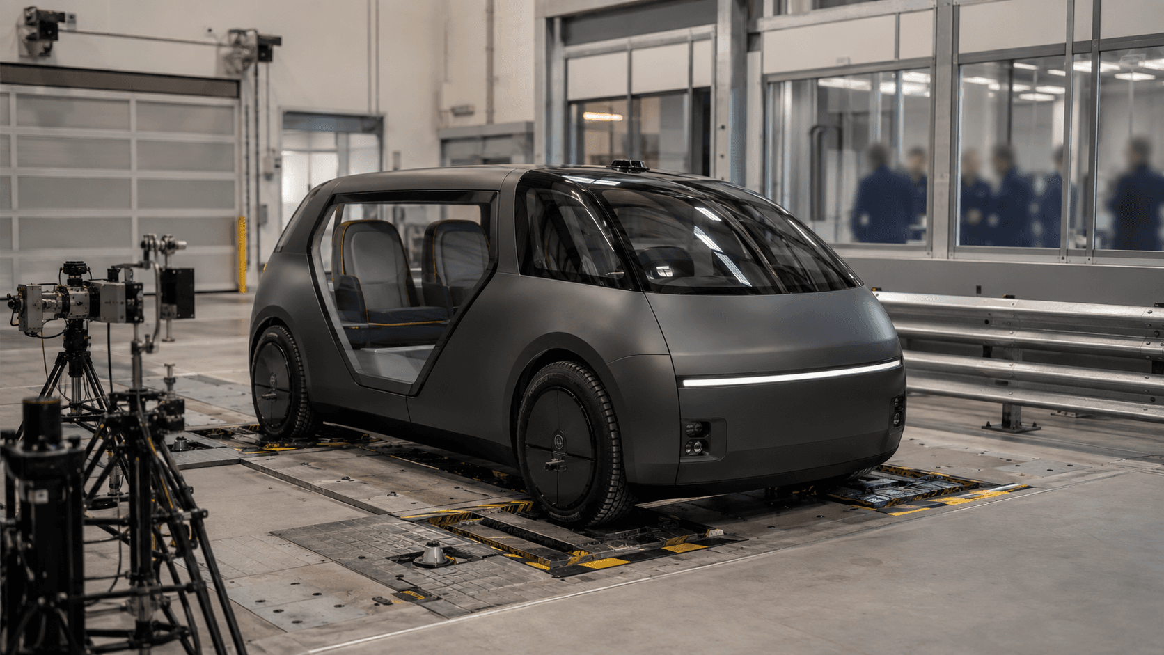Conceptual editorial image of an unbranded autonomous vehicle undergoing stationary compliance testing, not a photograph of Tesla or a federal investigation