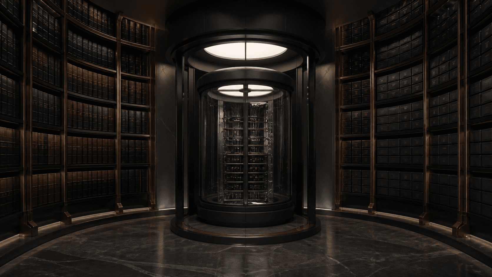 A conceptual private knowledge vault feeding a compact controlled computing chamber