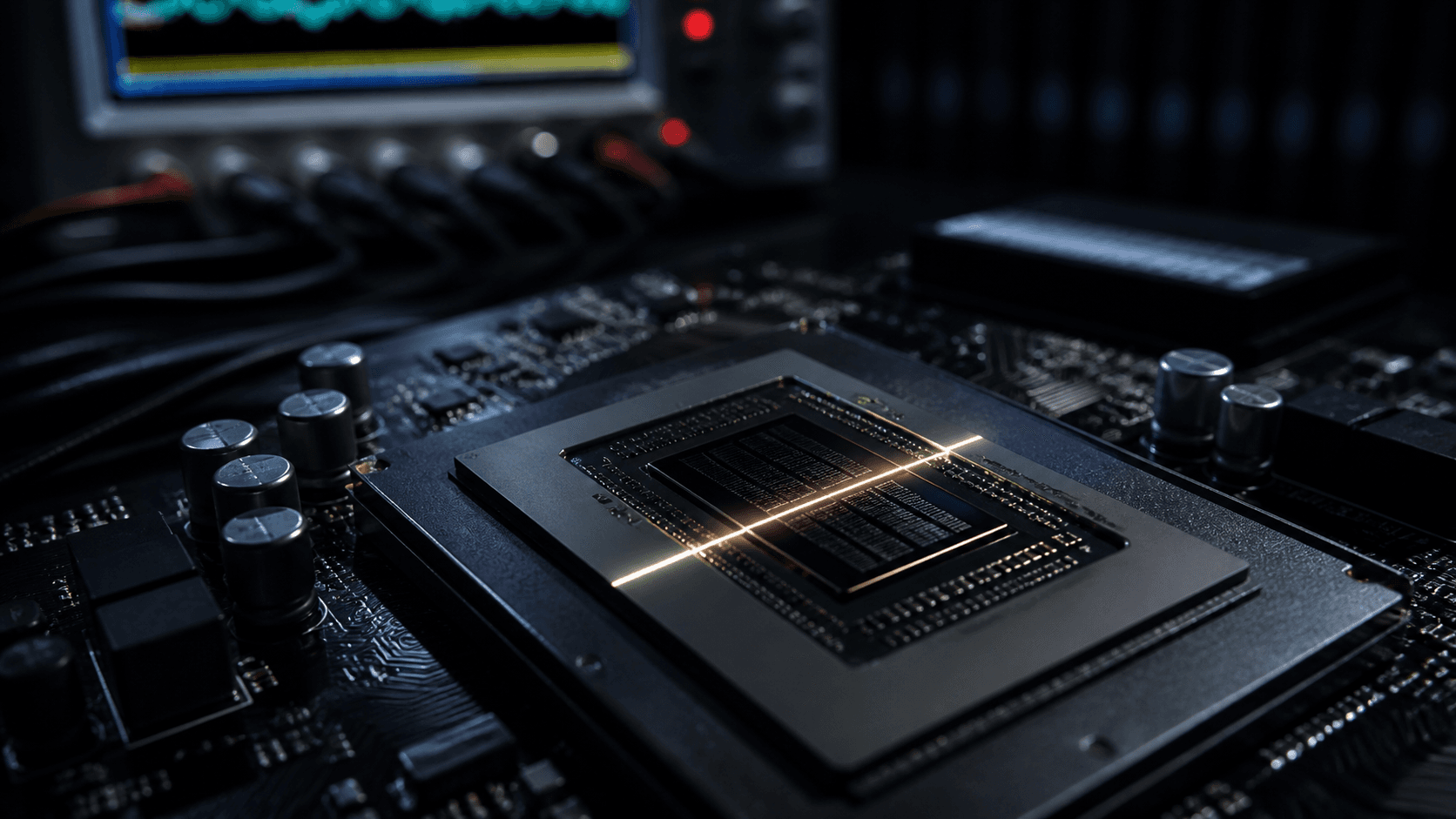 A photorealistic macro view of an unbranded processor under forensic laboratory lighting