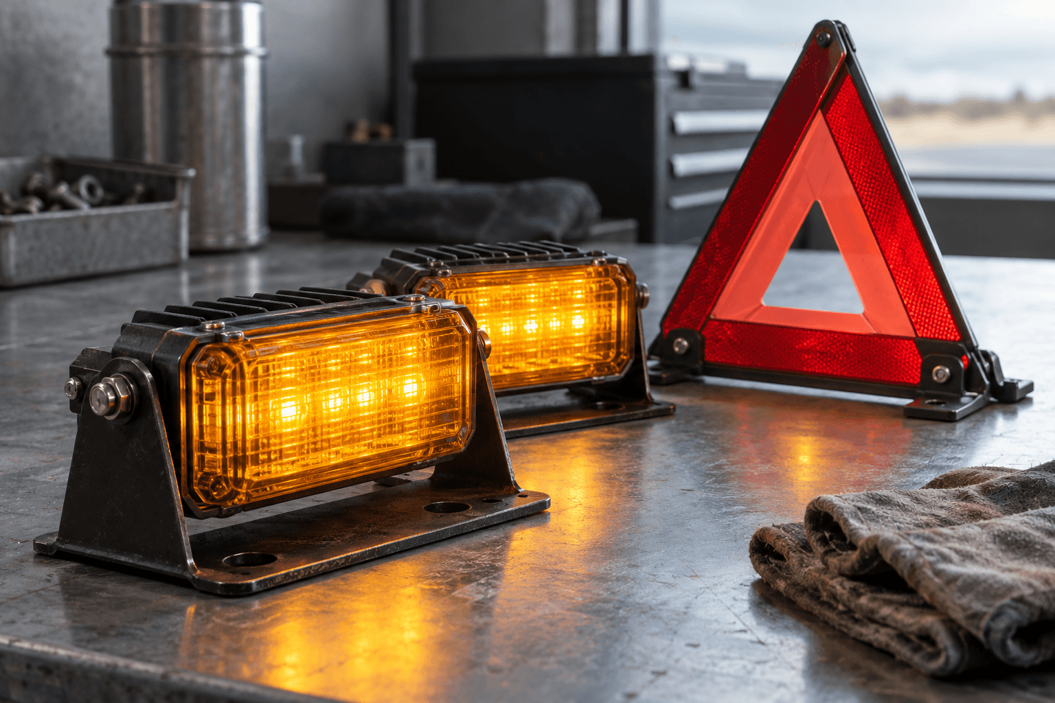 Conceptual still-life photograph of amber warning lights and a reflective triangle on a workbench, not an actual company installation or roadside incident.