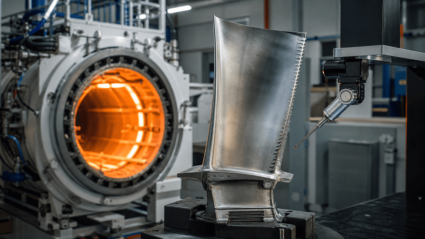 A precision turbine blade undergoing inspection beside an industrial heat-treatment chamber