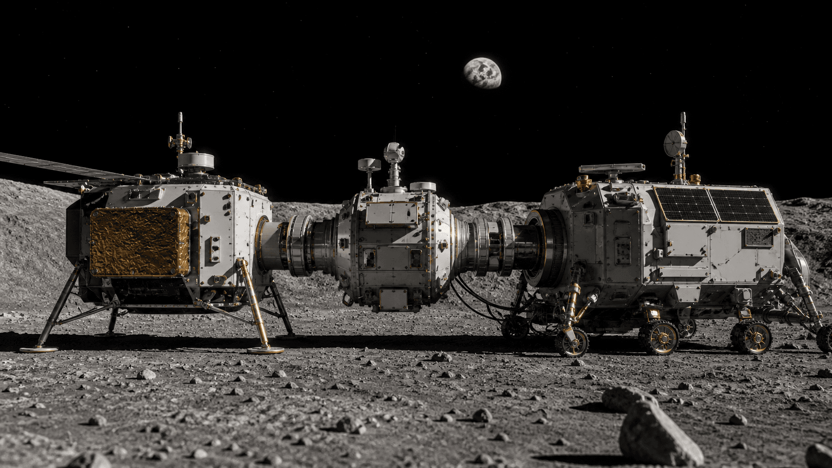 Different unbranded lunar exploration modules connecting through standardized interfaces on the Moon
