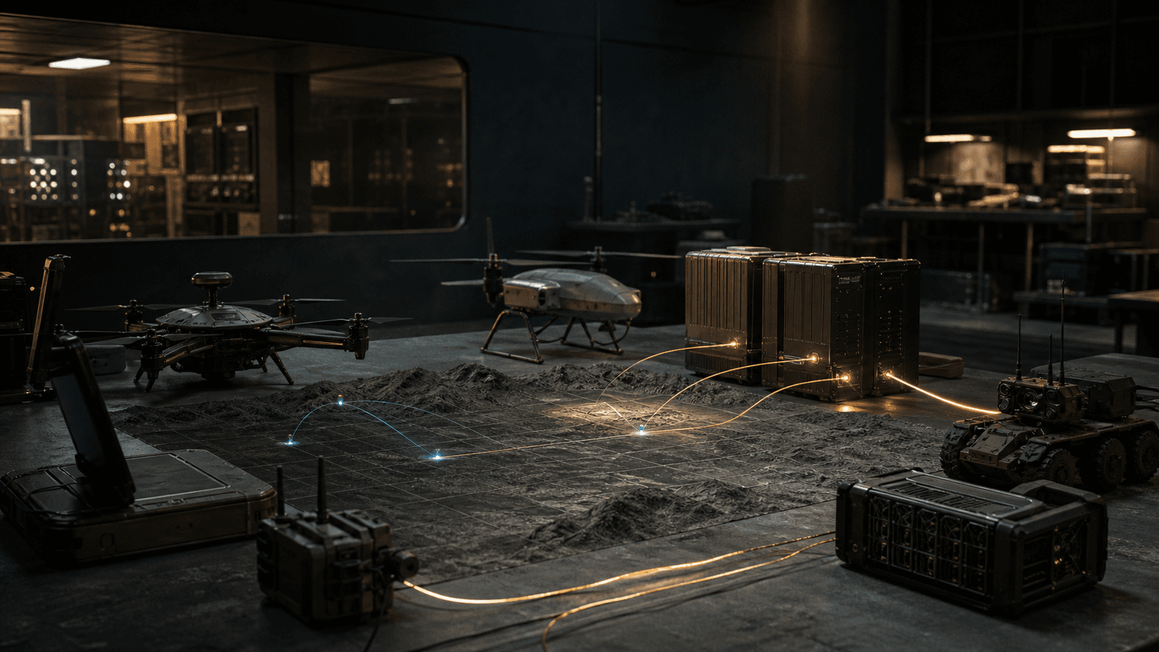 A conceptual secure defense technology laboratory connecting autonomous systems, compute modules, and a physical terrain model