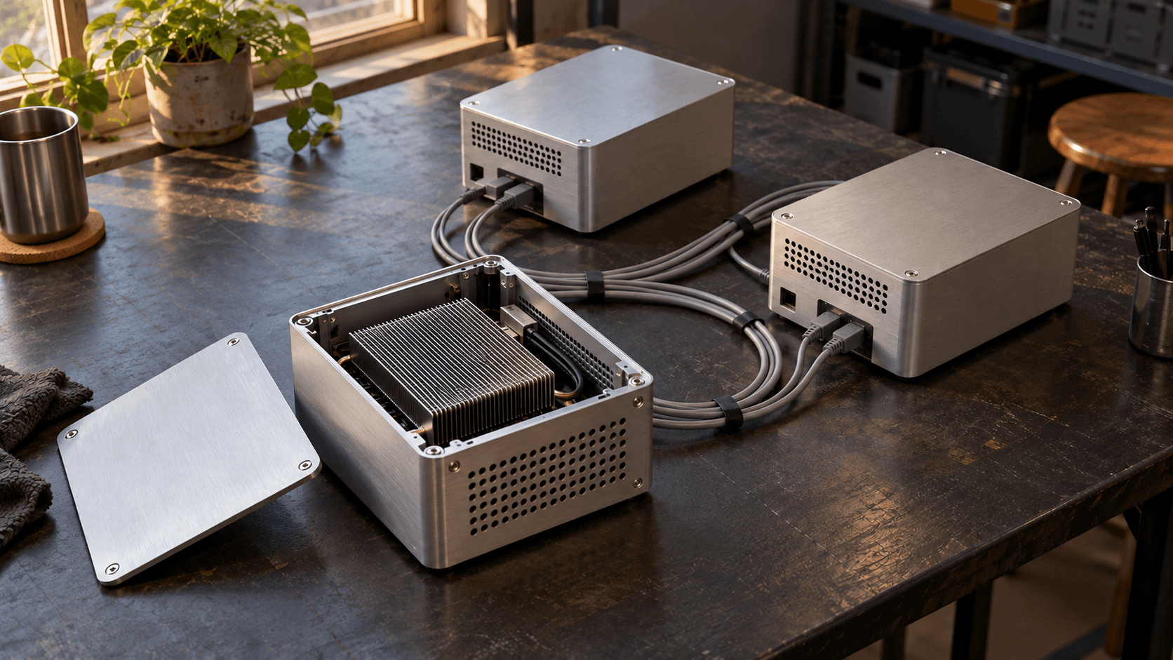 Conceptual photograph of three plain computing enclosures connected on a workbench, not a depiction of an actual Unison installation.