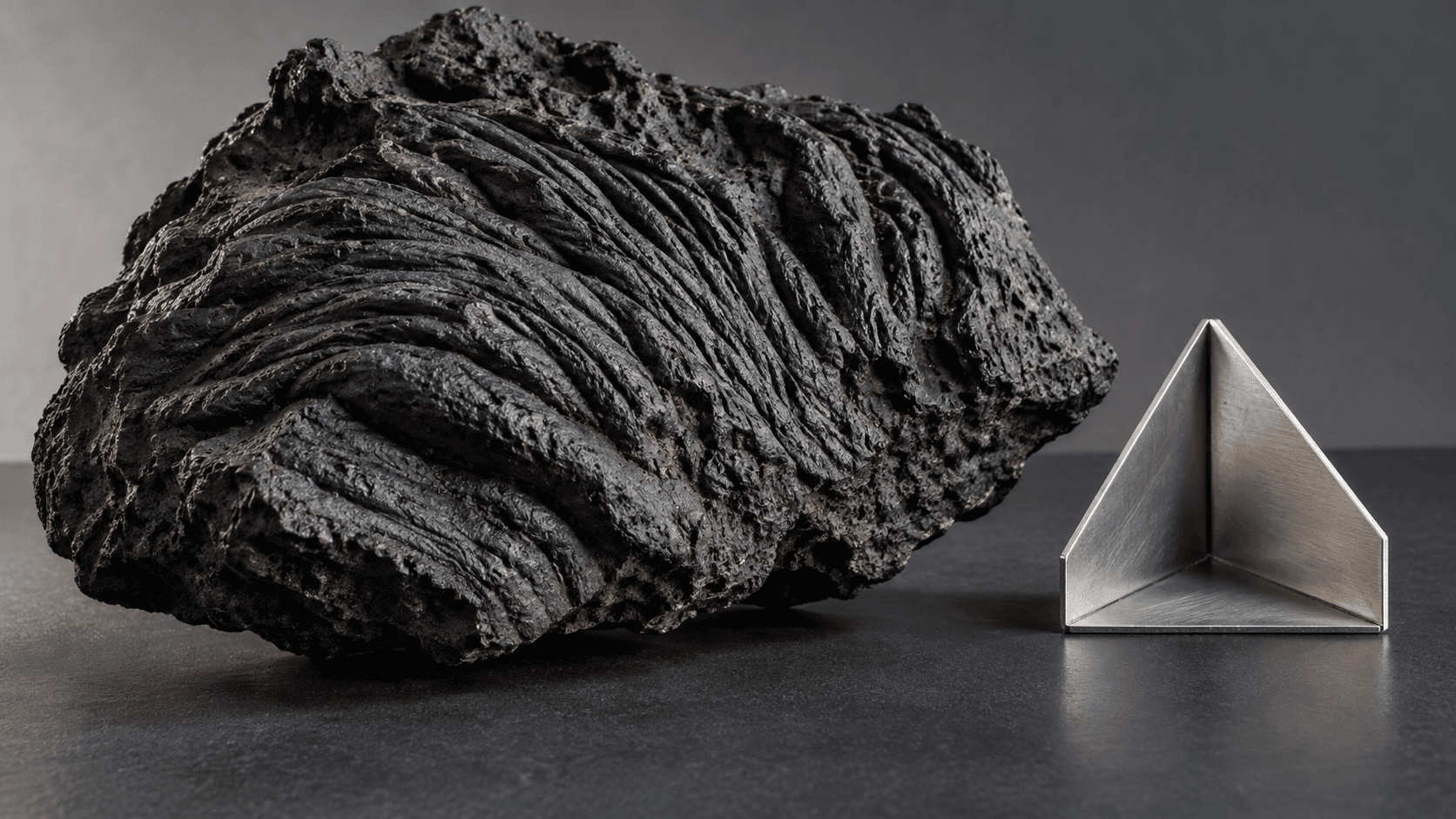 Conceptual studio still life of ridged volcanic rock beside an unmarked metal radar reflector, not an image of NISAR or the observed eruption.