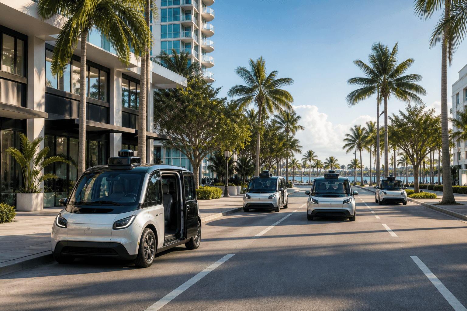 An unbranded autonomous electric vehicle navigating a modern coastal city street