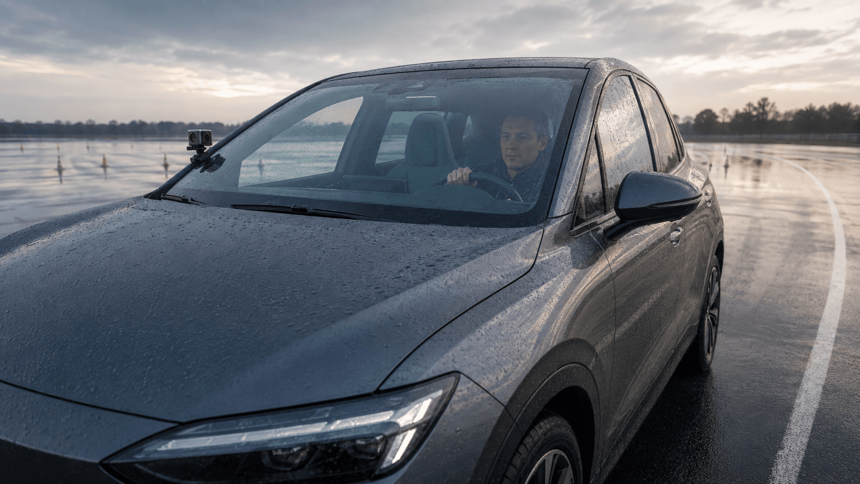 Conceptual editorial image of an unbranded test car and human safety operator on a wet proving ground, not a photograph of Wayve's fleet