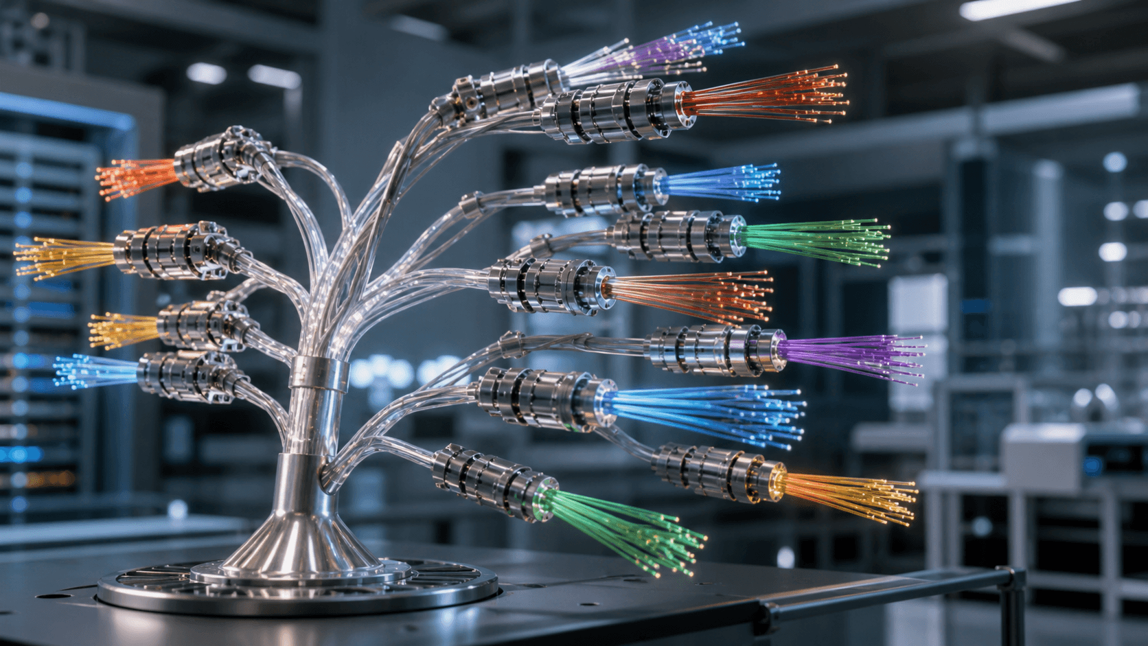 A machined branching structure distributing light through colored fiber channels