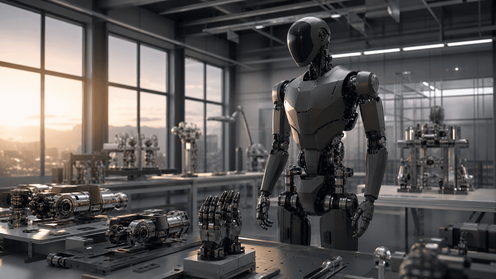 A conceptual humanoid robotics development floor with a pre-production machine and precision joint assemblies