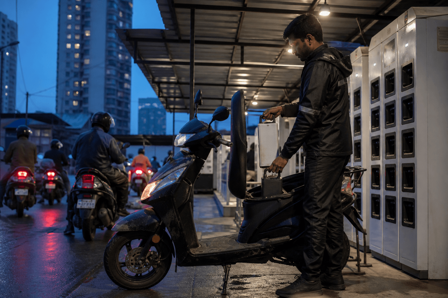 An electric delivery scooter receiving a battery swap at an unbranded urban charging station