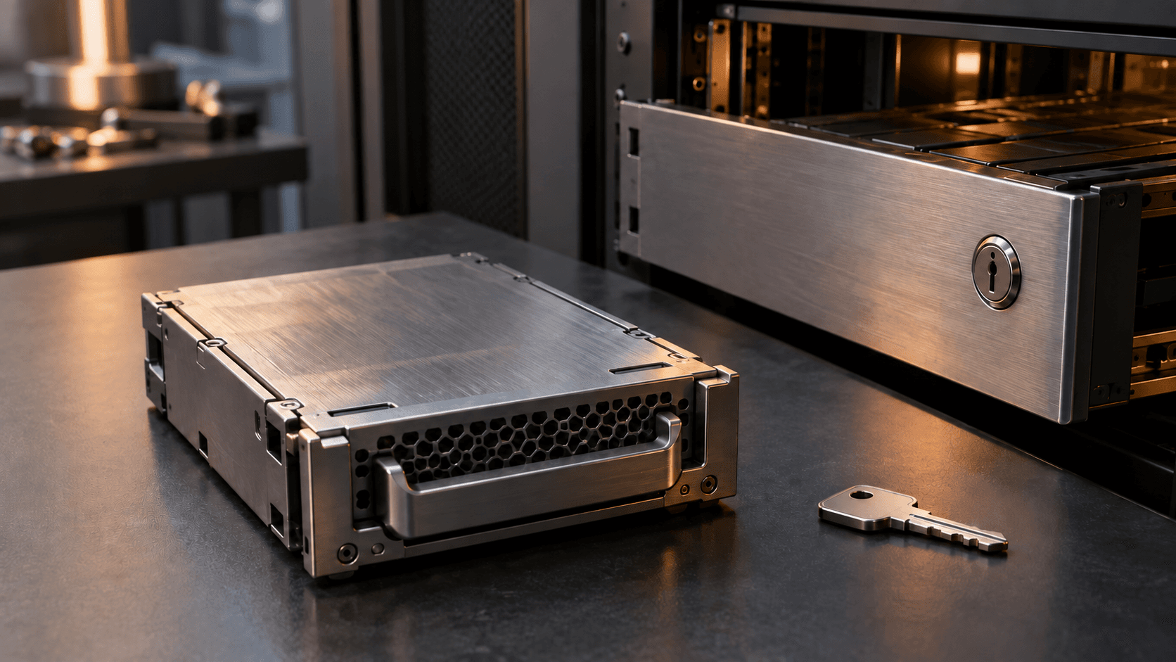 Conceptual editorial photograph of unbranded computing hardware and a blank mechanical key in a fictional lab, not a photograph of Irregular's experiment.