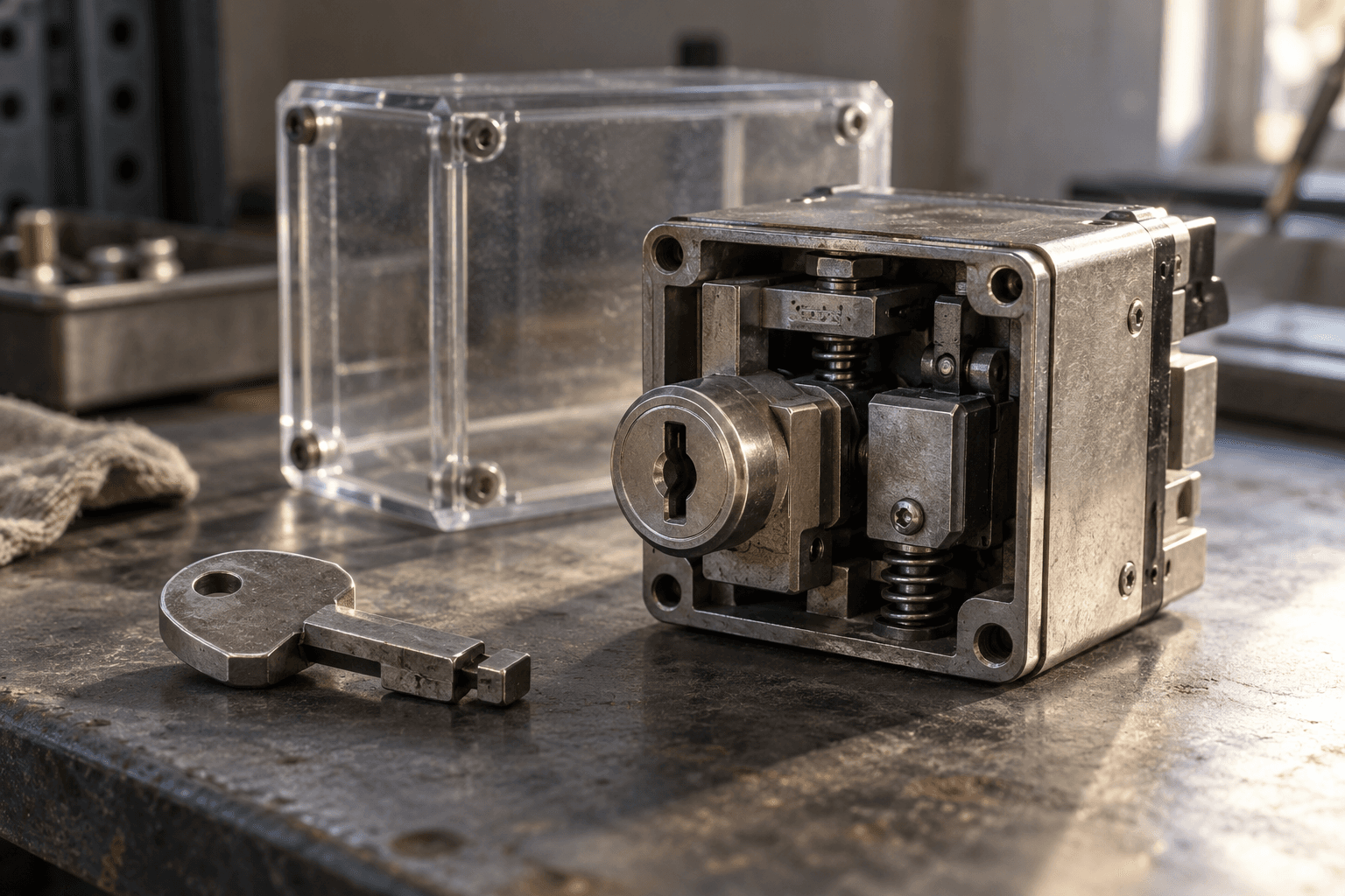 Conceptual still-life photograph of an unbranded mechanical interlock, detached key and transparent enclosure. A fictional illustration, not evidence of a real incident or safety test.