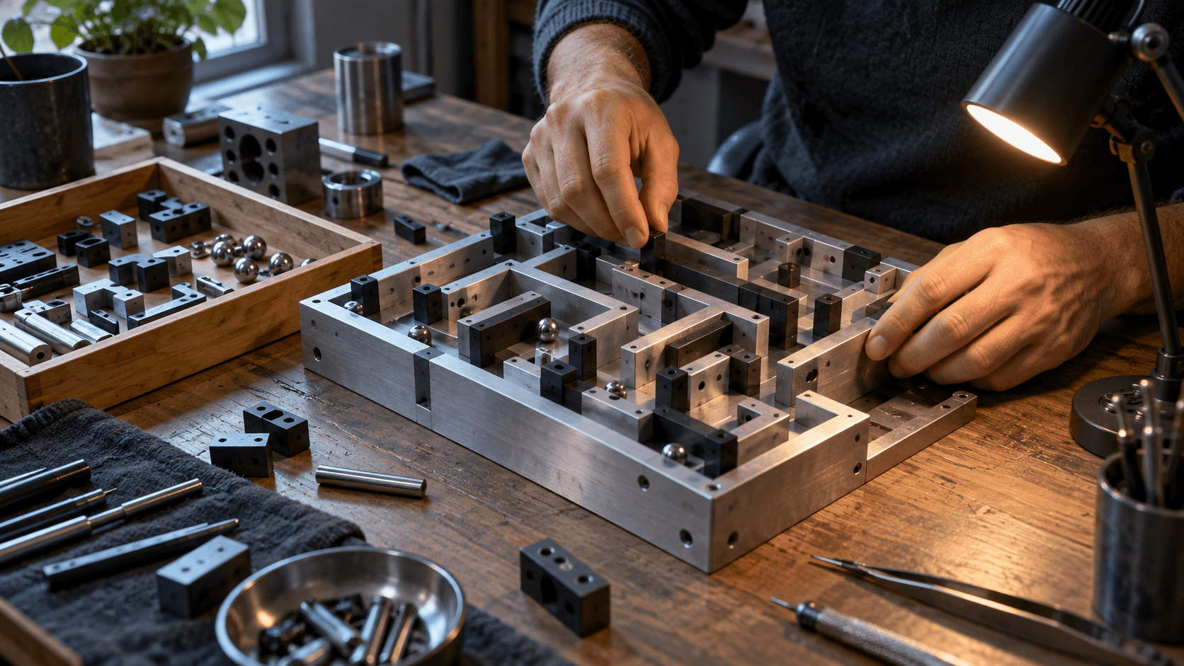 Conceptual photograph of hands assembling a modular mechanical test maze, not an actual Snorkel facility or training environment.