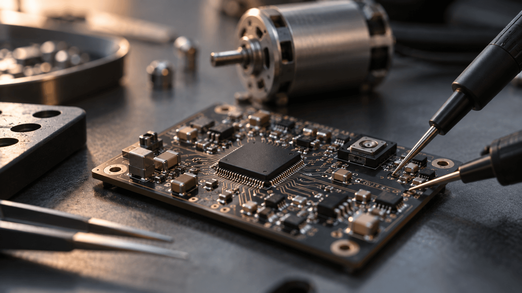 Conceptual editorial photograph of a fictional embedded circuit board under measurement beside an unbranded motor, not an Alif or Analog Devices product.
