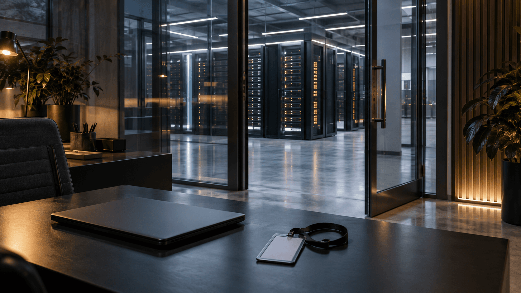 Conceptual editorial photograph of a review workstation beside an open server-room door, not an actual Anthropic, Accenture or METR facility.