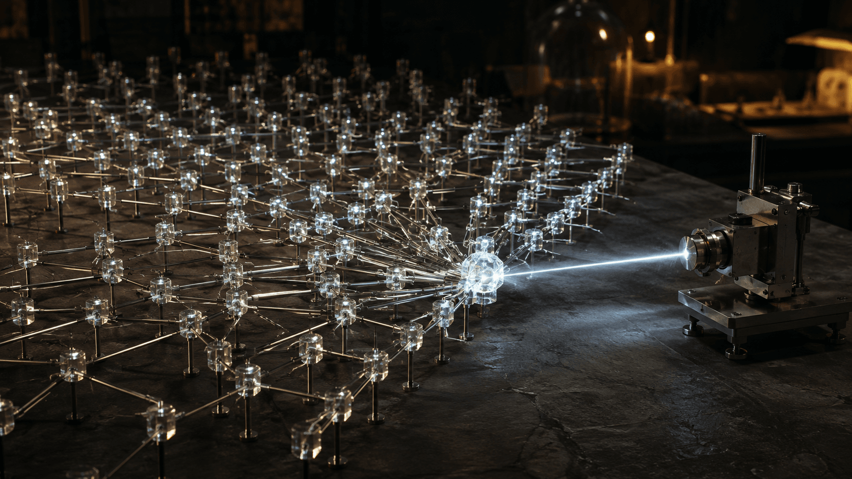 Conceptual editorial photograph of a glass and titanium dependency lattice being optically verified, not a photograph of Anthropic or the Fermat formalization project