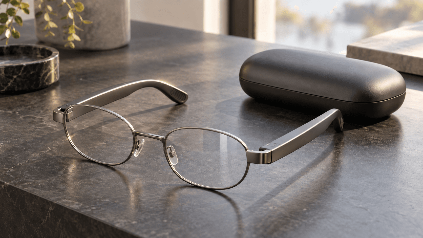 Conceptual photograph of invented unbranded audio eyewear and a closed case, not an actual Meta or Ray-Ban product.
