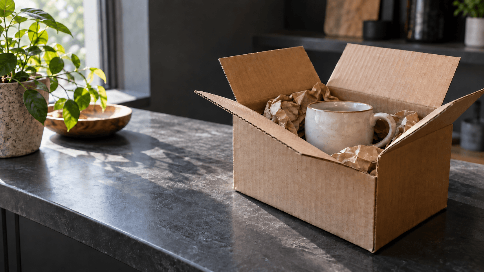 Conceptual photograph of an unbranded ceramic cup packed in a plain shipping box, not an actual Shopify merchant, order or transaction.
