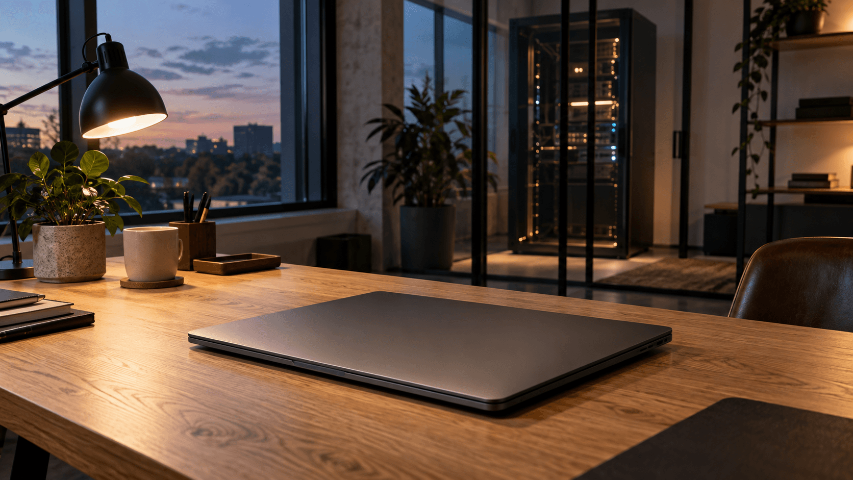 Conceptual photograph of a closed unbranded laptop with a generic server cabinet behind glass, not an actual OpenAI facility.