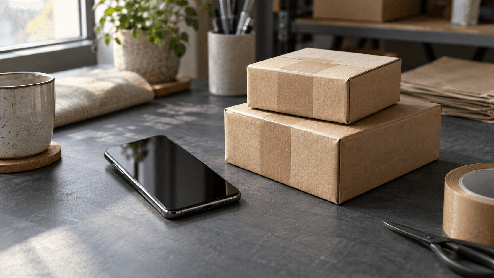 Conceptual photograph of unbranded parcels beside a blank-screen phone, not a screenshot or documentary image of the Flipkart pilot.