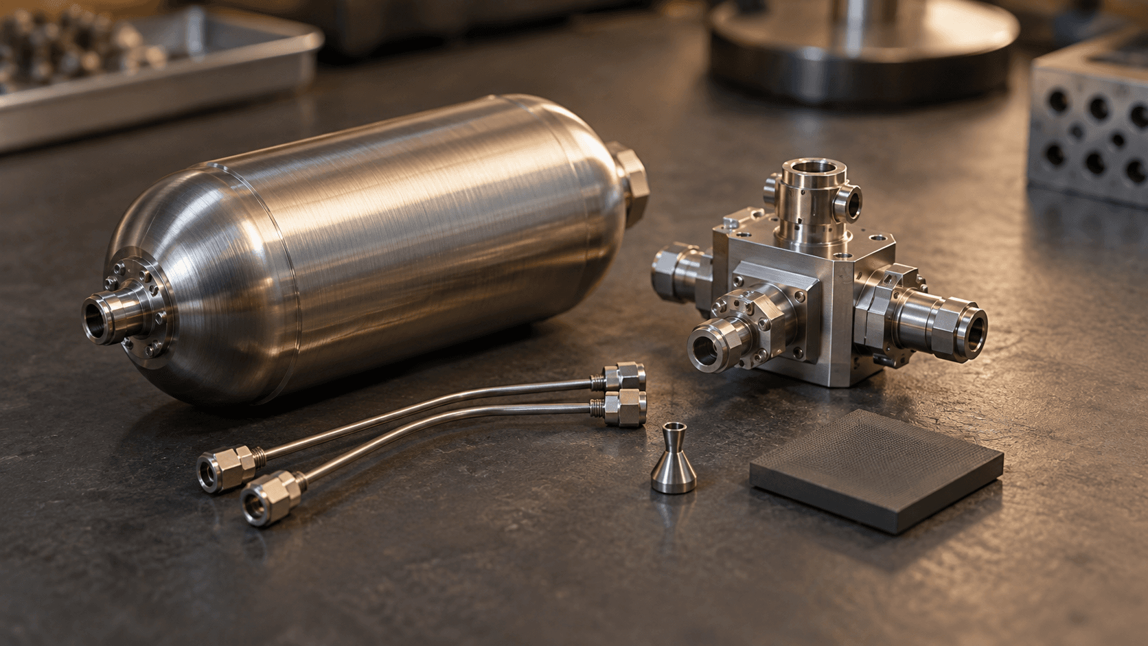 Conceptual photograph of unbranded pressure-vessel and precision fluid-handling components on a workbench, not NASA ASCENT or MIT flight hardware.