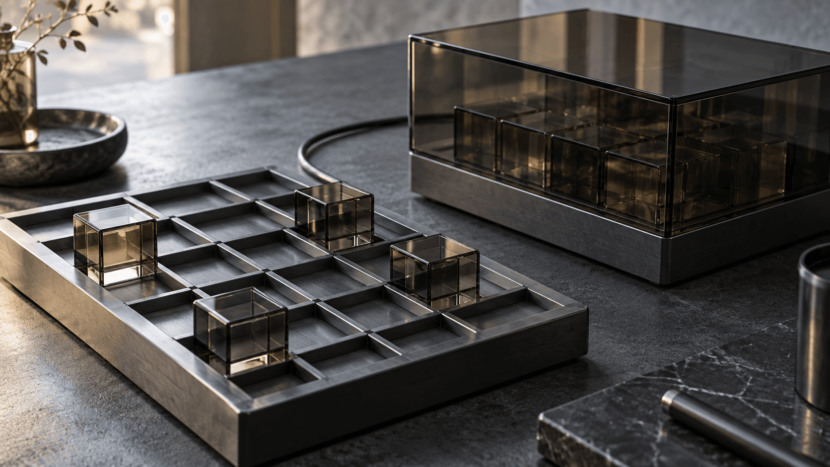 Conceptual studio still life of a metal grid, glass blocks and an unbranded enclosure, illustrating connected analysis rather than an actual Databricks or Row Zero product.