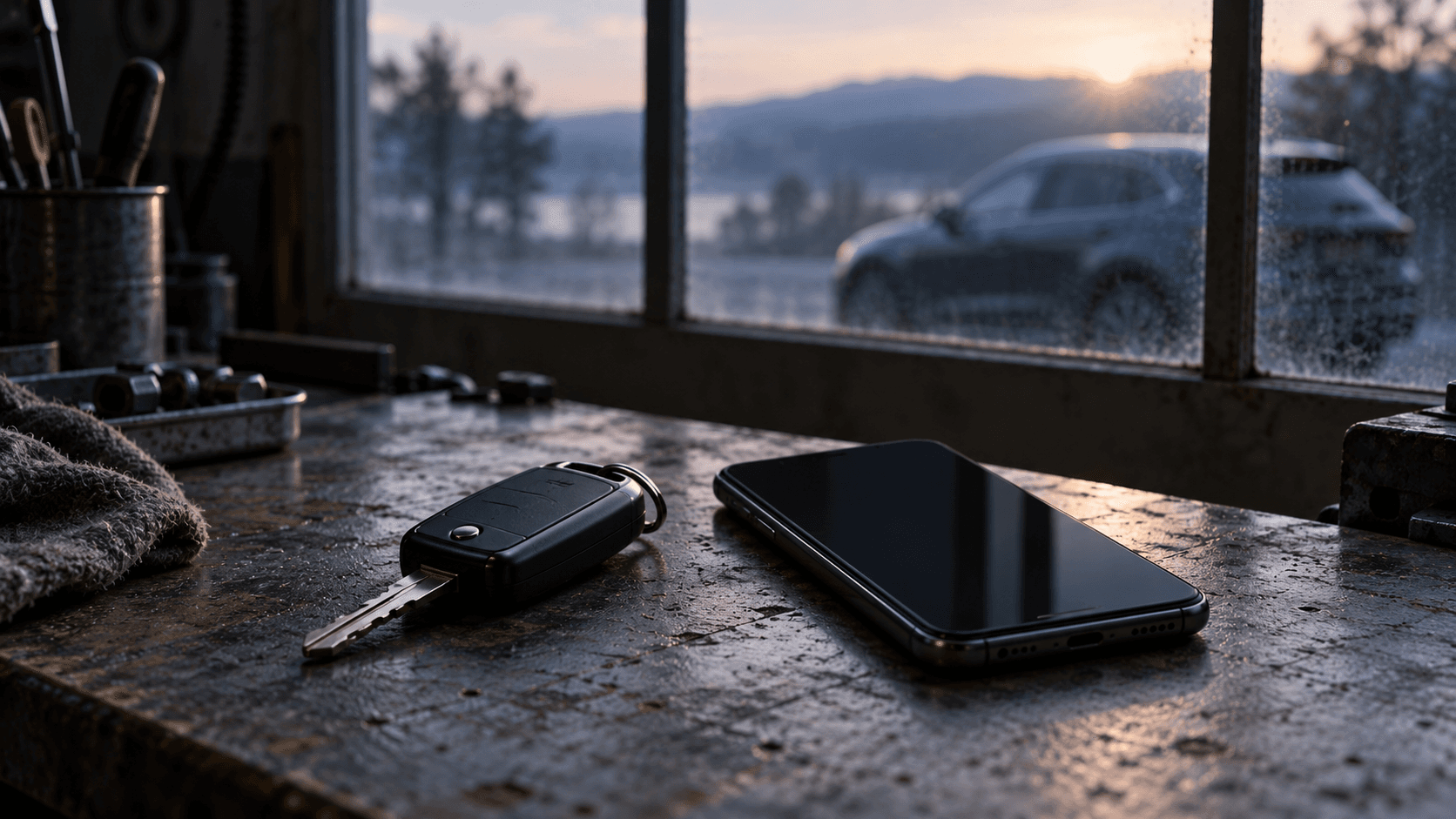 Conceptual photograph of an unbranded car key and dark-screen phone on a garage workbench, not a documentary image of the research.