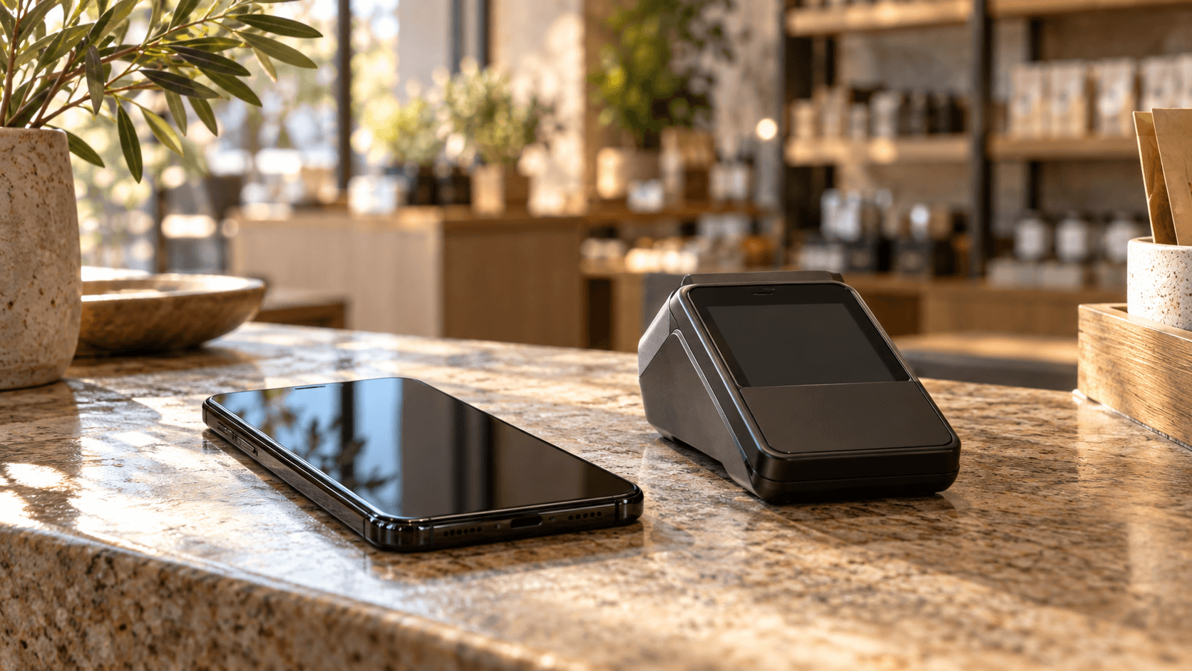 Conceptual photograph of a plain smartphone and generic payment reader with dark screens on a shop counter, not an actual Apple Pay launch or merchant.