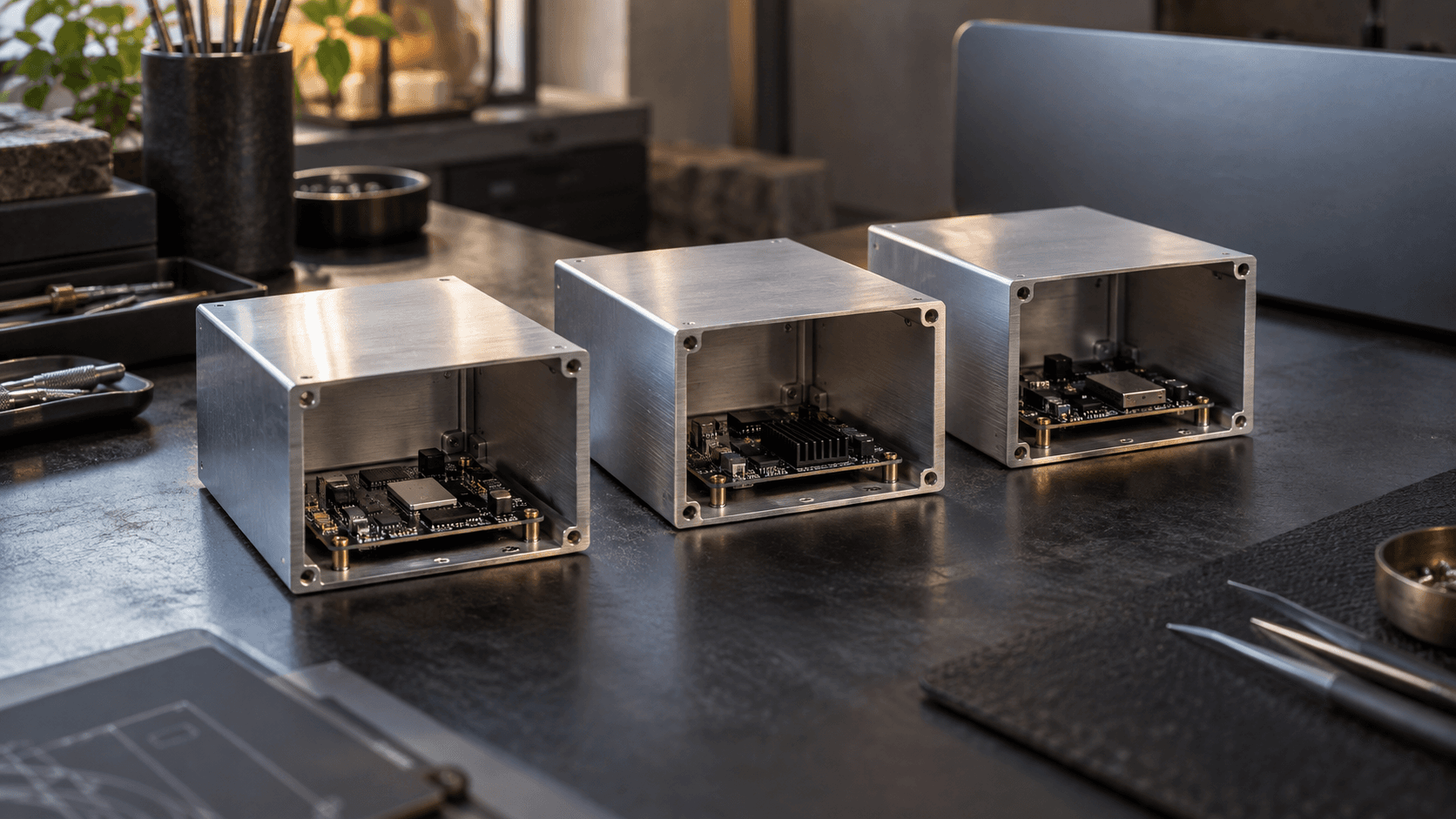 Conceptual photograph of separate unbranded circuit-board enclosures in a fictional engineering studio, illustrating software isolation, not an actual Microsoft product or facility.