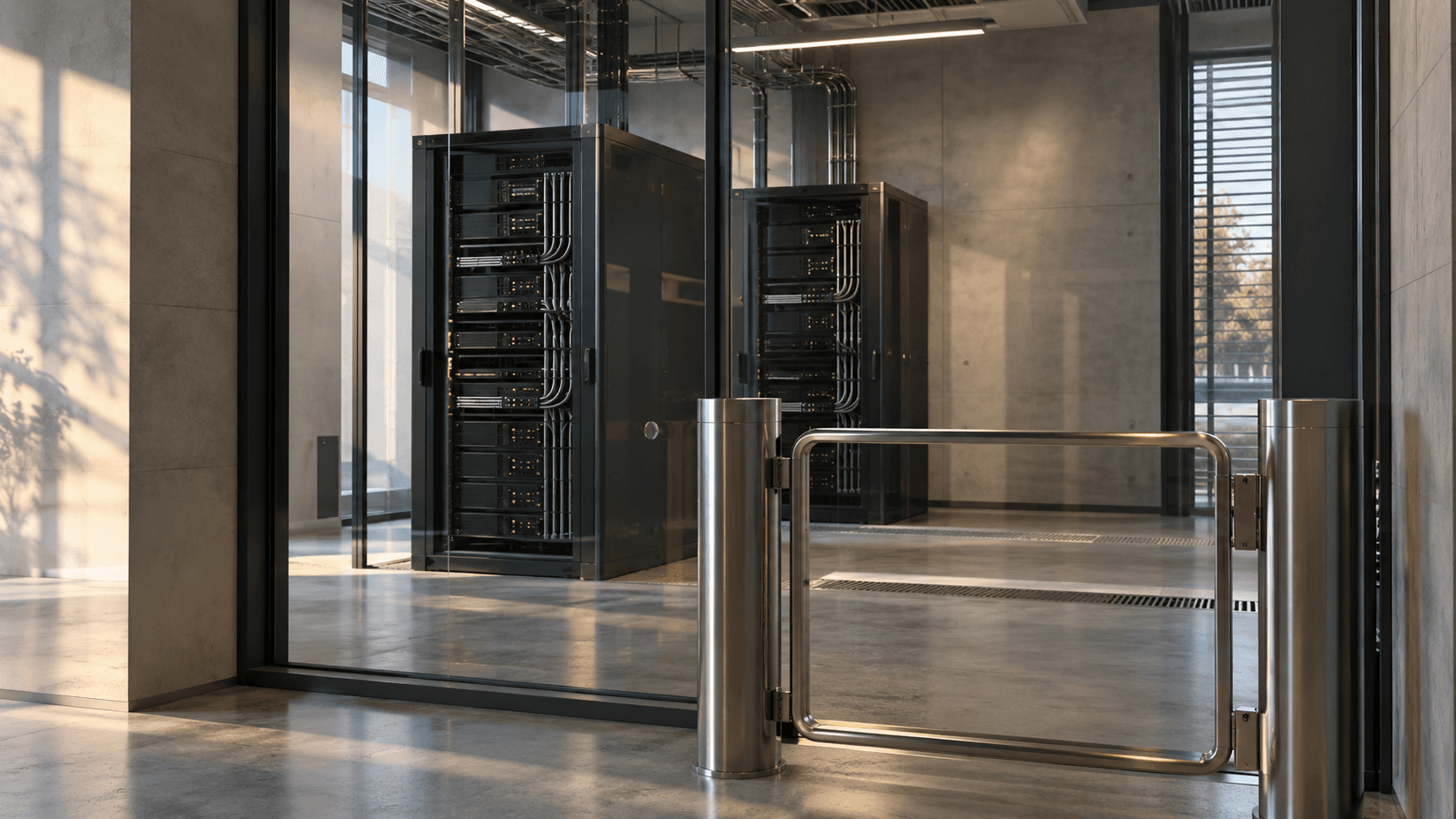 Conceptual photograph of unbranded server racks behind a glass partition and access gate in a fictional computing room, not a documentary image of a Google facility.