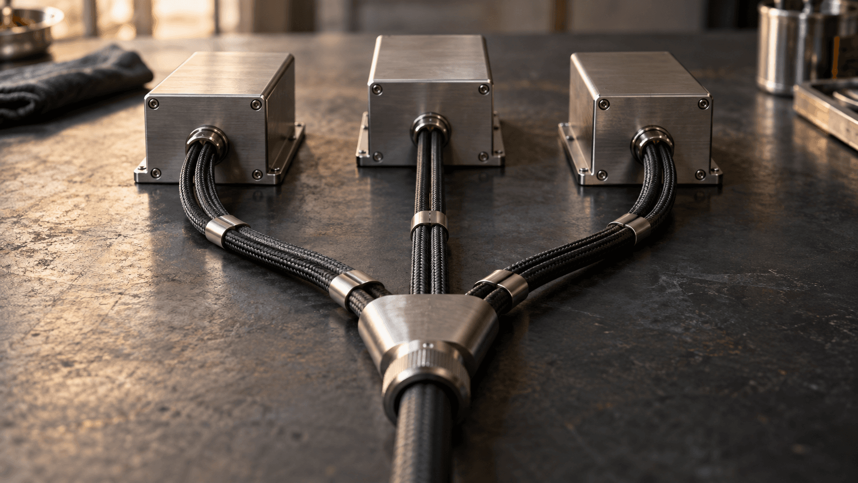 Conceptual photograph of unbranded metal modules connected by converging cables, a physical metaphor for coordinated work rather than actual Anthropic hardware.