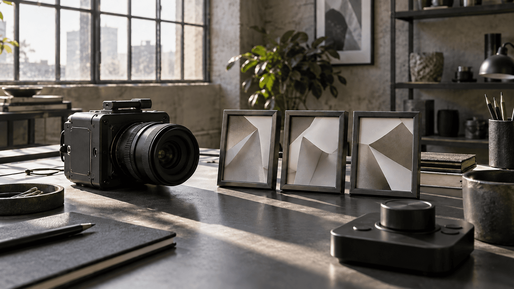 Conceptual studio photograph of an unbranded editing workbench and camera, not a YouTube interface or documented event.