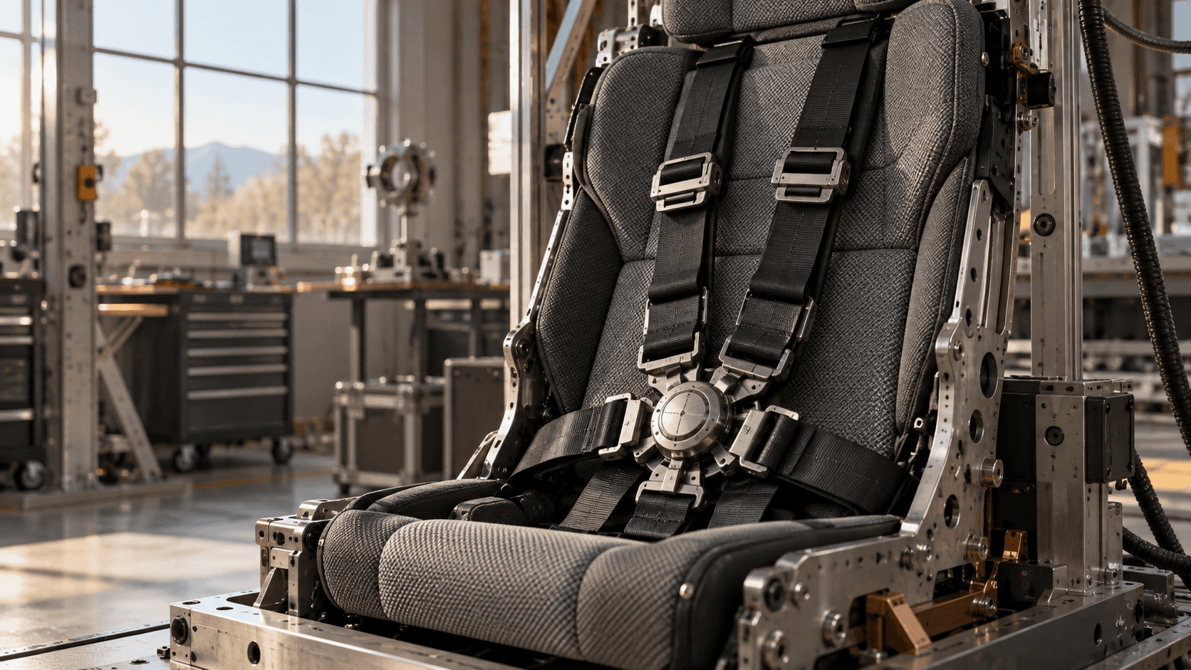Conceptual editorial photograph of an unbranded aerospace test seat and safety harness in a fictional workshop, not actual NASA, SpaceX or Boeing equipment.