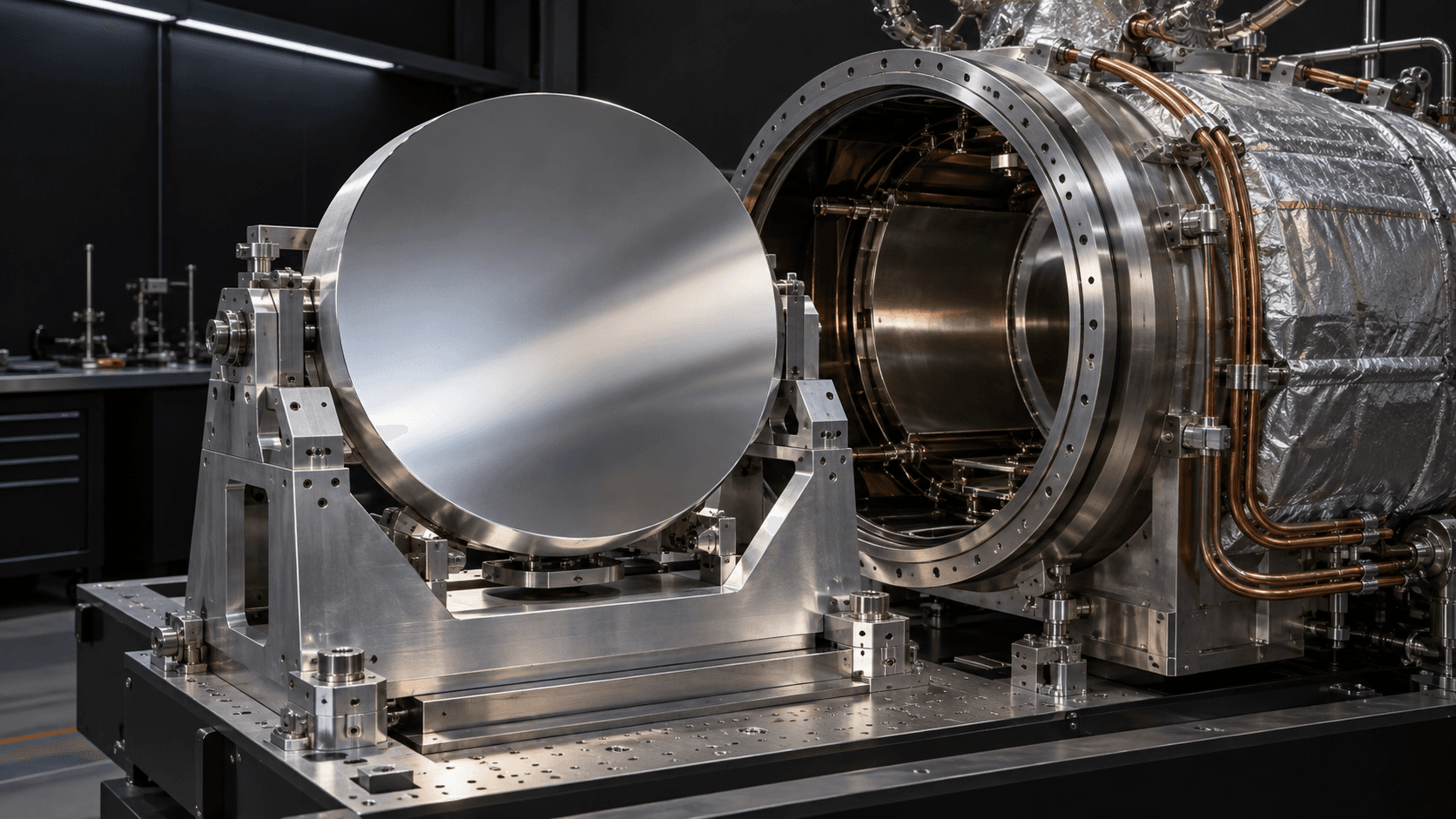 Conceptual photograph of an unbranded optical mirror beside a cryogenic vacuum chamber, not actual PRIMA hardware or a documented mission event.