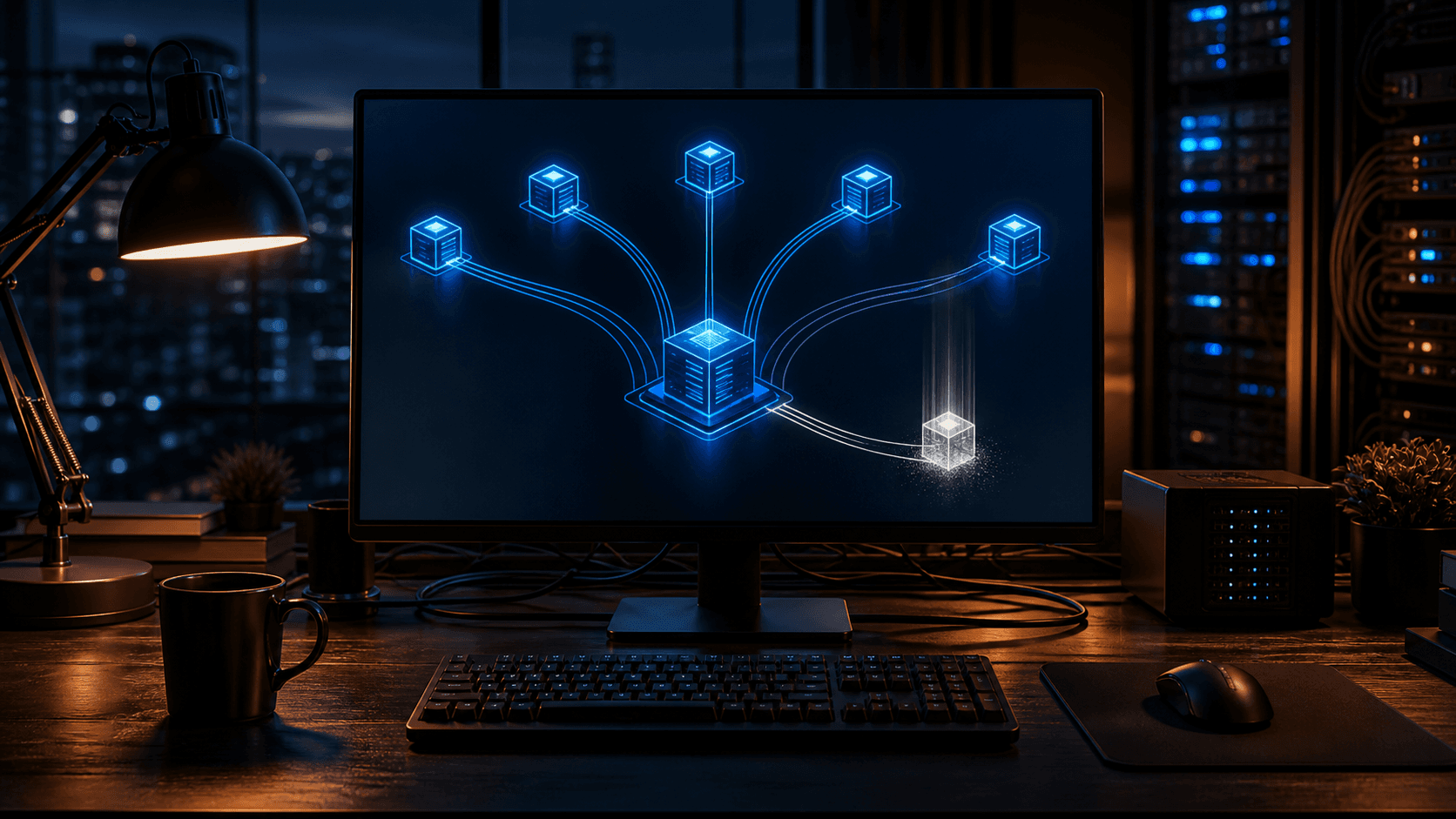 A photorealistic engineering workstation showing one abstract compute connection fading while others remain active